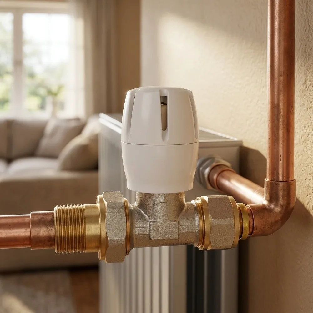 Straight Thermostatic Valve for Radiators with White Marked Head and Seamless Integration into Linear Pipelines
