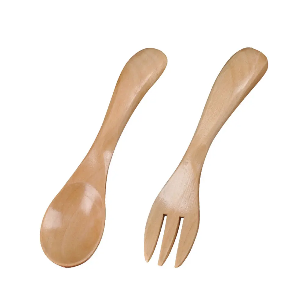2Pcs Wooden Children Flatware Set Spoon Fork Solid Wood Flatware Rustic Design Durable for Dining Picnic Wooden Spoon Fork