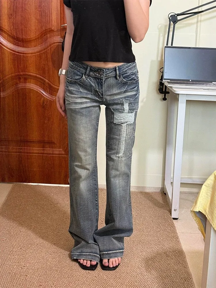 Low Waist Denim Jeans Women's Ripped Straight Leg Flared Pants Vintage Cross Design Stretchy Slimming Bootcut Trousers