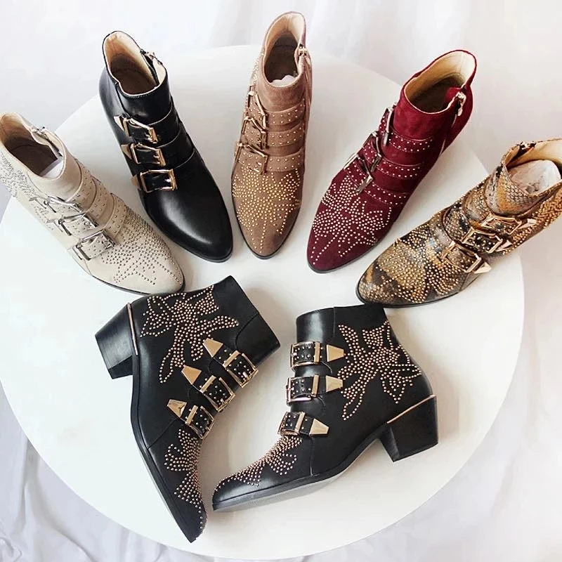 Women Ankle Boots Pointed Toe Real Leather Horseshoe Heel Short Boots Woman Rivet Buckle Luxury Shoes Ladeis Party Botas Mujer