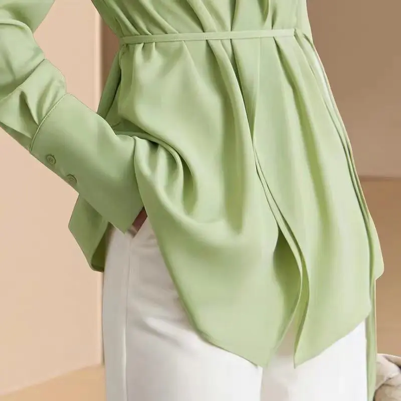 High End Gentle and Elegant Green Shirt Spring Women\'s New Top Temperament Waist Cinching and Slimming Shirt