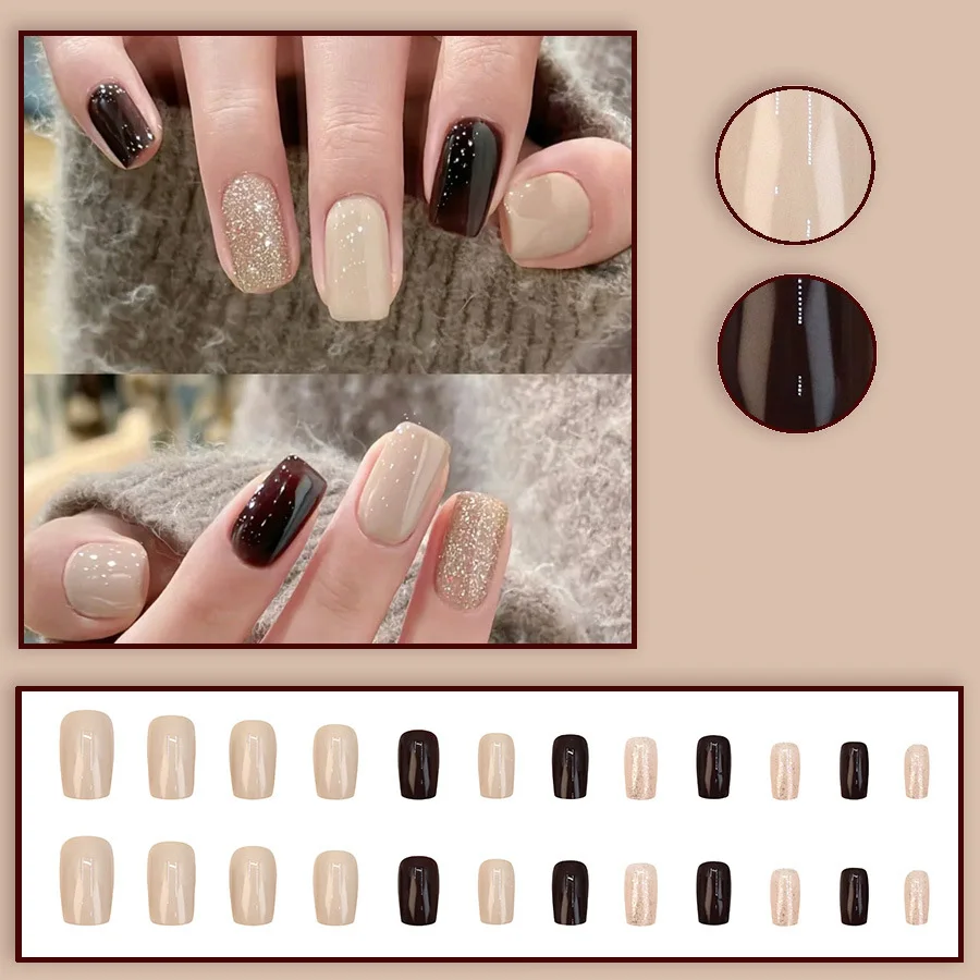 24pcs/set Short square fake nails for women girls Sparkling glitters with nude brown golden glossy nail tips press on false nail image 5