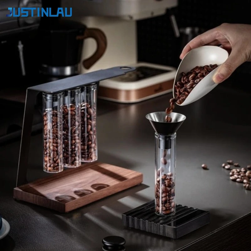 JUSTINLAU Wooden Magnetic Display Rack Coffee Bean Single Dose Test Tube Glass Storage Bottle with Sealed Lid Coffee Accessories