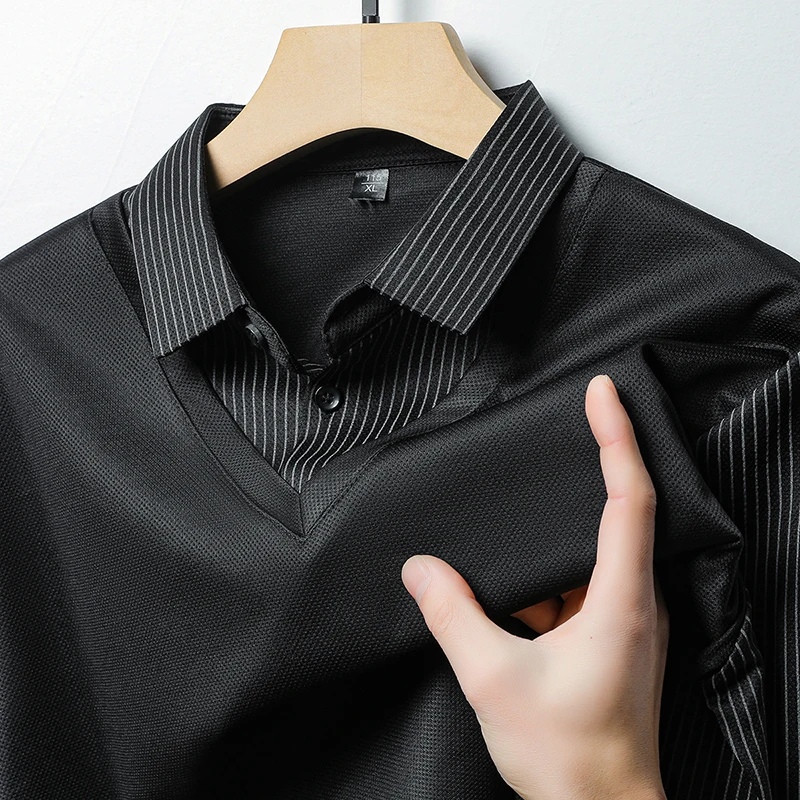Spring and Autumn Middle-aged Men's Fake Two Piece Pure Cotton Long Sleeved T-shirt Top with A Large Collar and Loose Polo Shirt