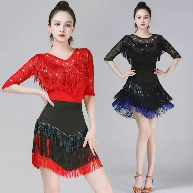 Latin Dance Clothes New Adult Women Tassel Short Skirt top Three-Step Step Dance Clothes Sequin Performance clothes Suit