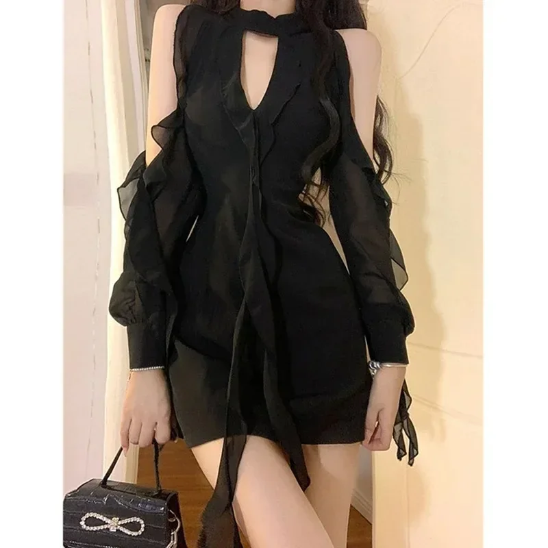 

Black Dresses Women Sexy Hollow Out Female Casual Temperament New Spring Off Shoulder Korean Style Solid Hotsweet Korean Fashion