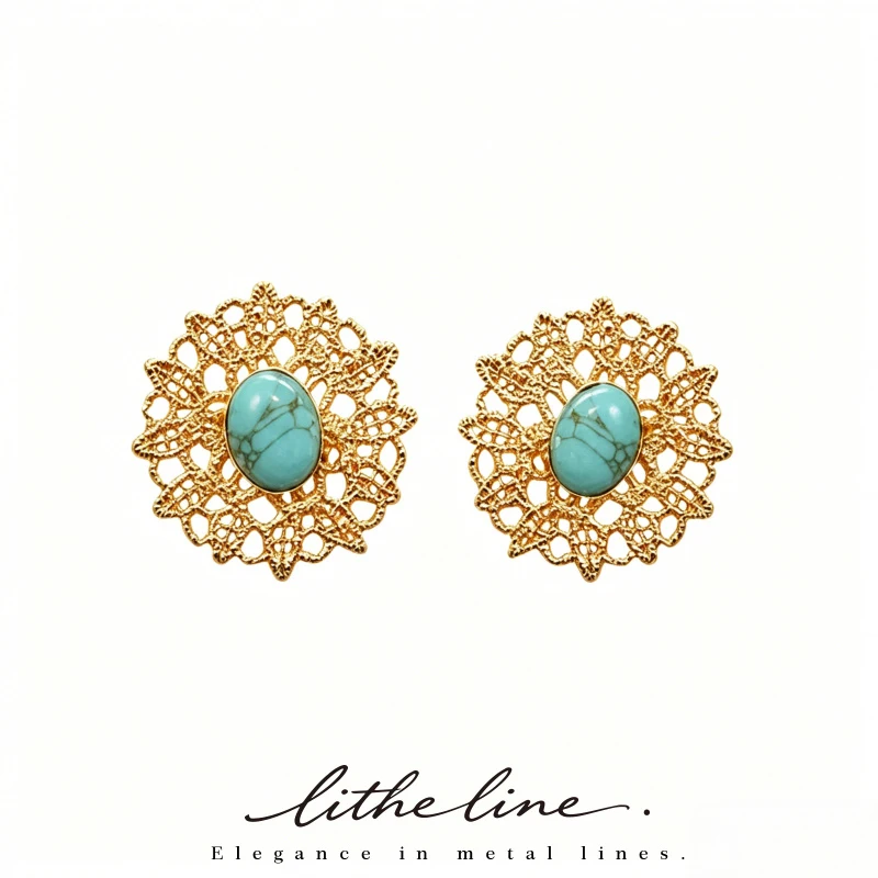 litheline Vintage Gold Plated Filigree Turquoise Stud Earrings Women, Boho Ethnic Luxury Jewelry, Daily
