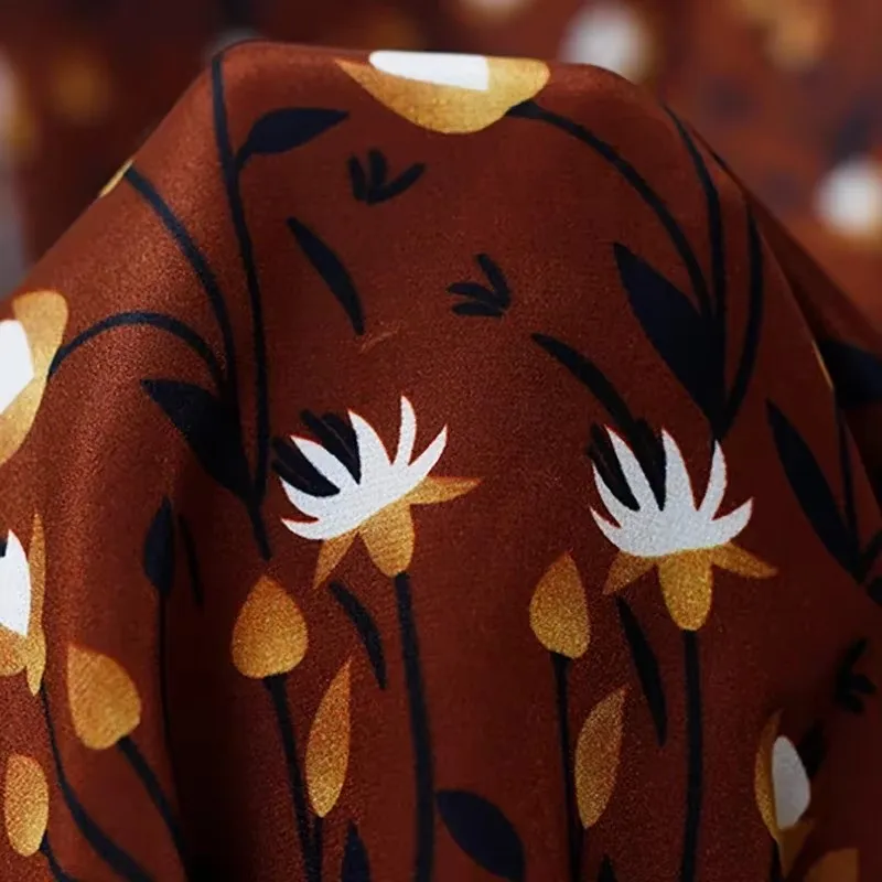 Redraspberry 12momme Caramel Flowers Printed Silk Crepe de chine 100%Silk Materials Women Dress Shirt Cloth Tailor Freeshipping
