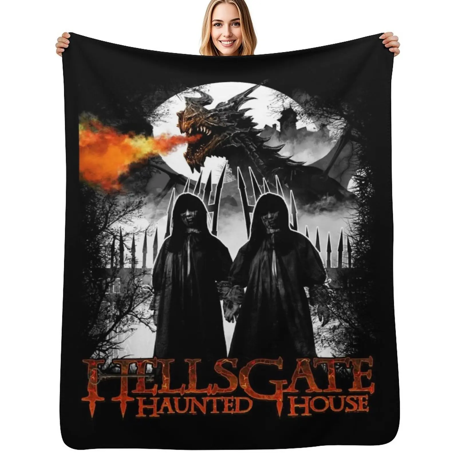 HellsGate Haunted House: Twins with Dragon Throw Blanket anime Decoratives Soft blankets and throws Custom Picnic Blankets