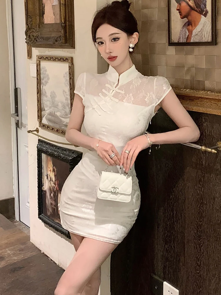 Summer White Jacquard Elegant Lace Sexy Mini Dress Women Short Sleeve Bodycon Hip Warp Dress 2024 Korean Vintage Festival Dress