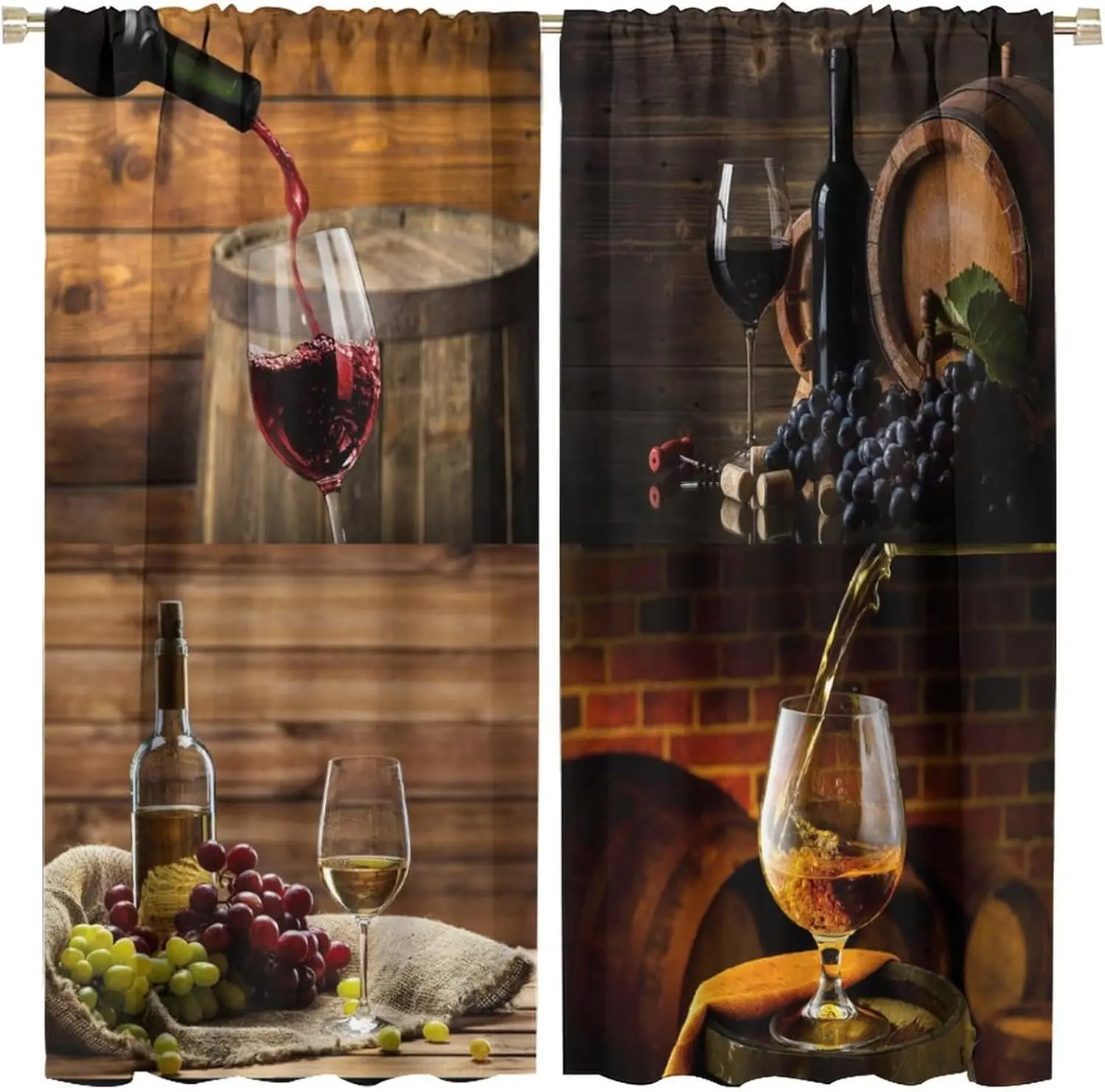 Wine Decor Window Curtains, Farm Vintage Glasses Romantic Grape Rustic Fruit Rod Pocket Window Drapes, for Kitchen Living Room