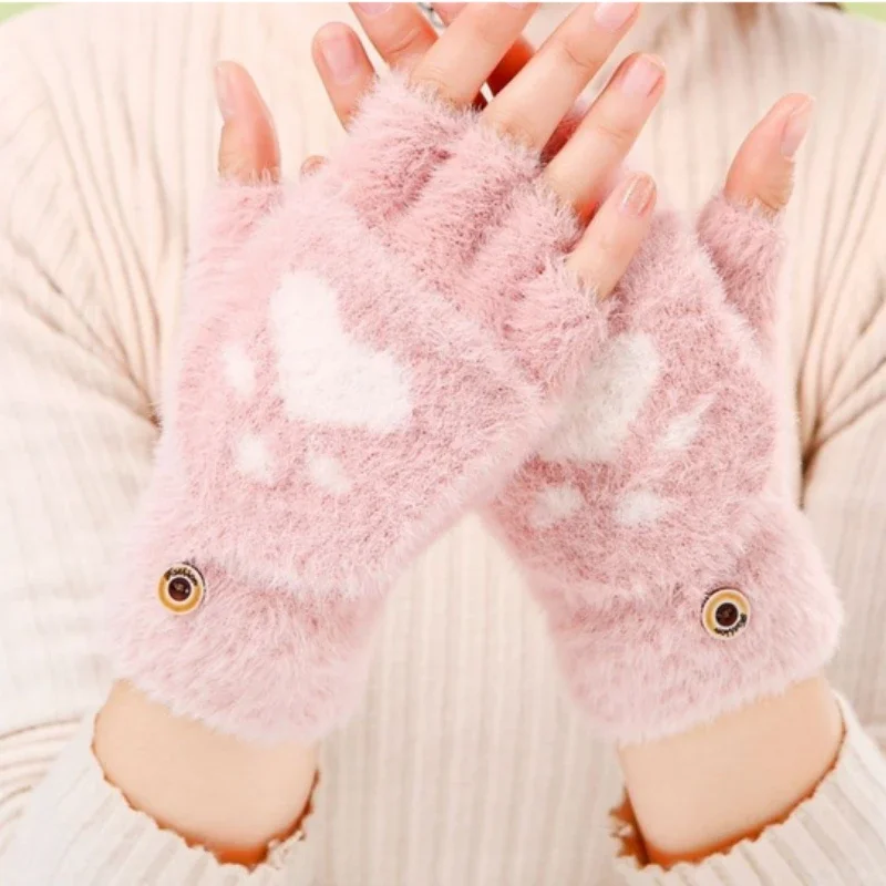 Winter Cute Cat Fingerless Gloves Warm Plush Student Half Finger Flip Gloves Fashion Kawaii Soft Flexible Half Finger Gloves Kid