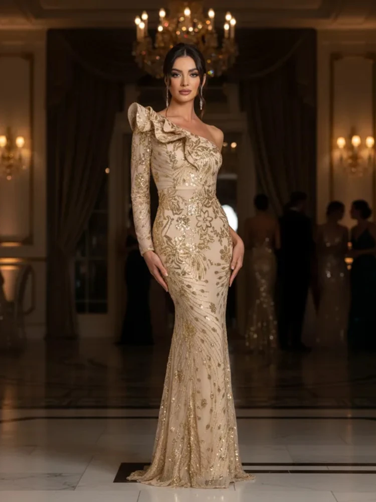Robe de soirée élégante à paillettes dorées, asymétrique épaule dénudée, longueur au sol, manches longues, robe d'événement pour femmes