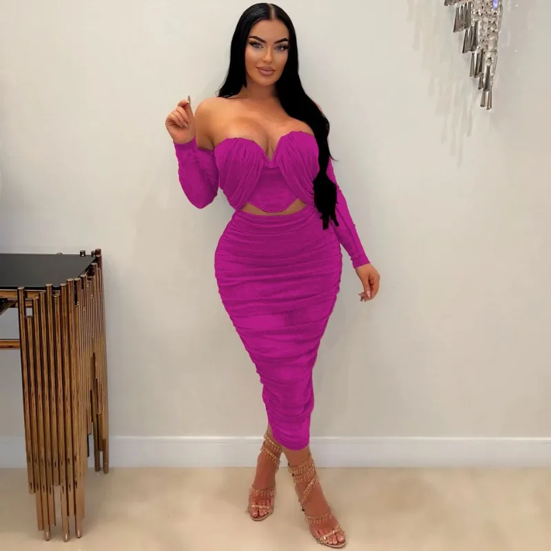 Women Sexy Bright Silk Mesh Ruched 2 Piece Set Strapless Long Sleeve Corset Crop Tops Bodycon Midi Skirts Party Clubwear Suits