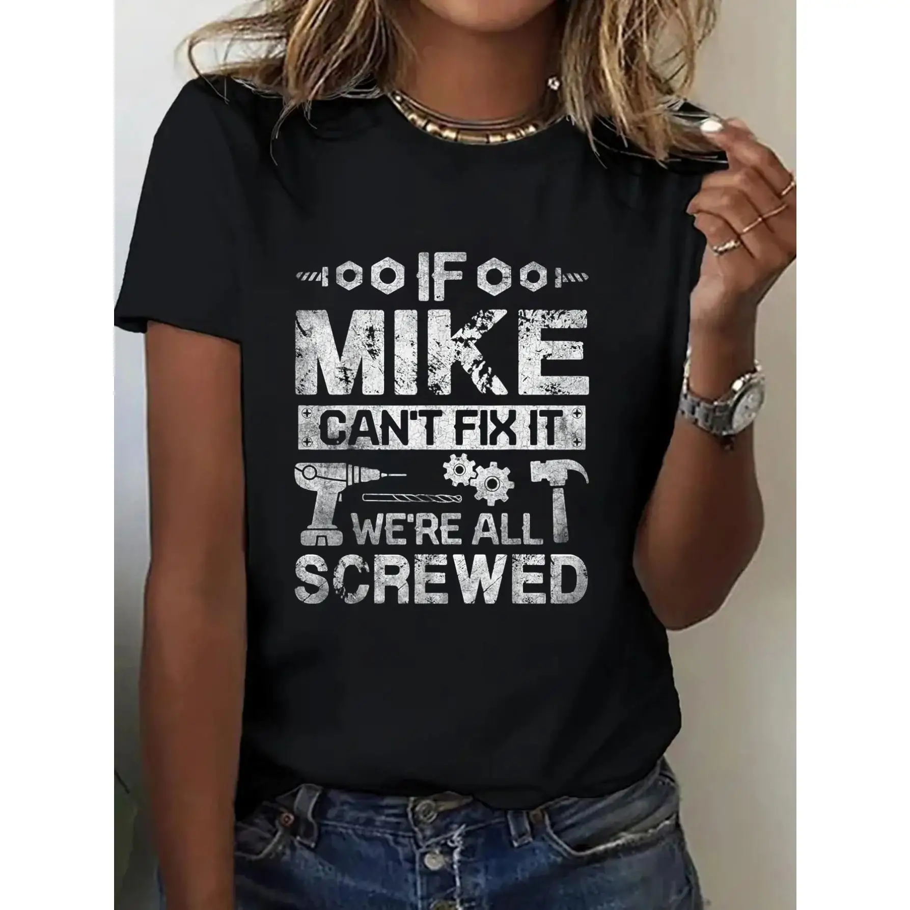 

Women Mike Can't Fix It T-Shirt Funny Handyman Drill Hammer Graphic Tee Humorous Slogan Mechanic DIY Casual Top Gift
