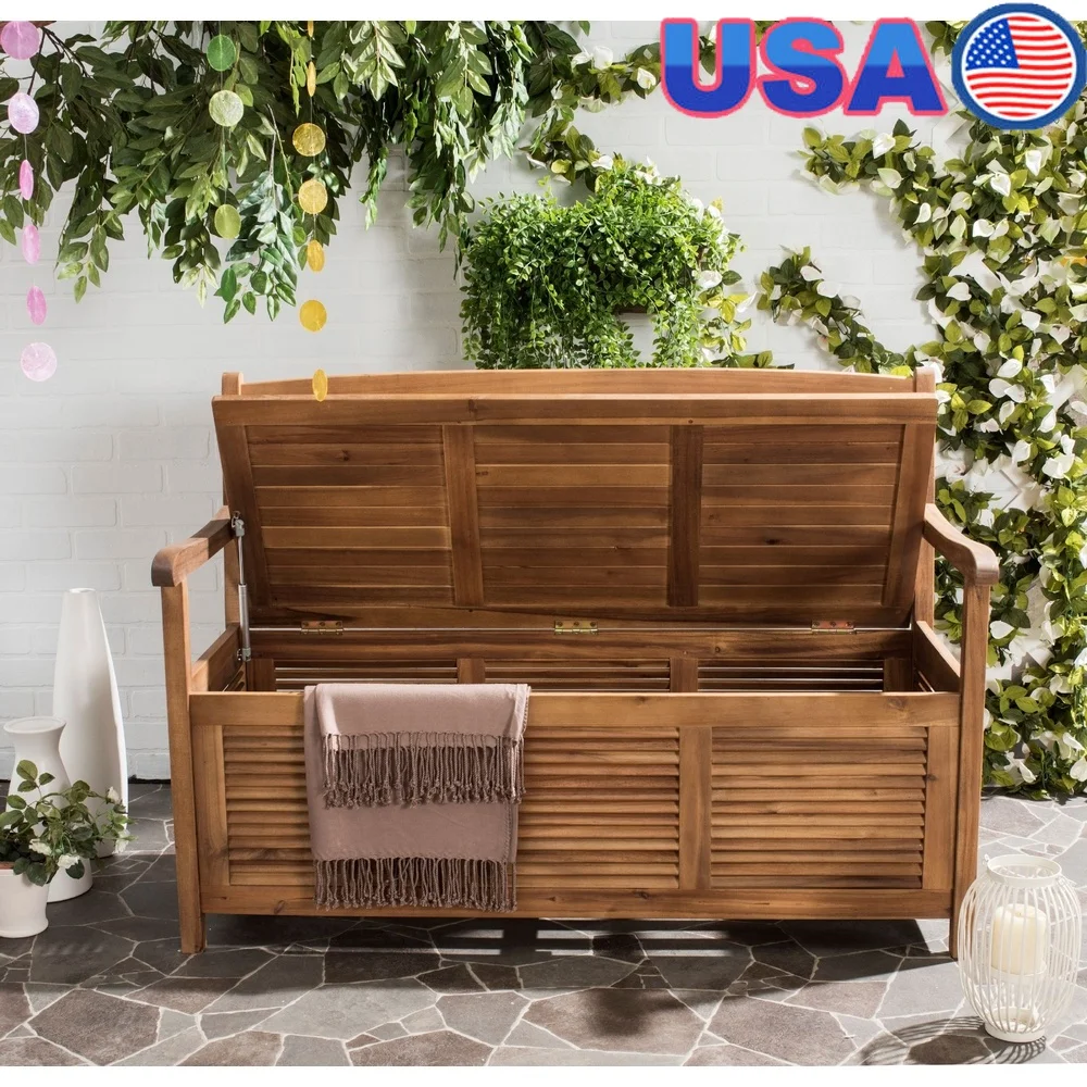 

Modern Outdoor Storage Bench Acacia Wood Durable Seating Two Easy Care Indoor Outdoor Furniture 50in W Stylish Design