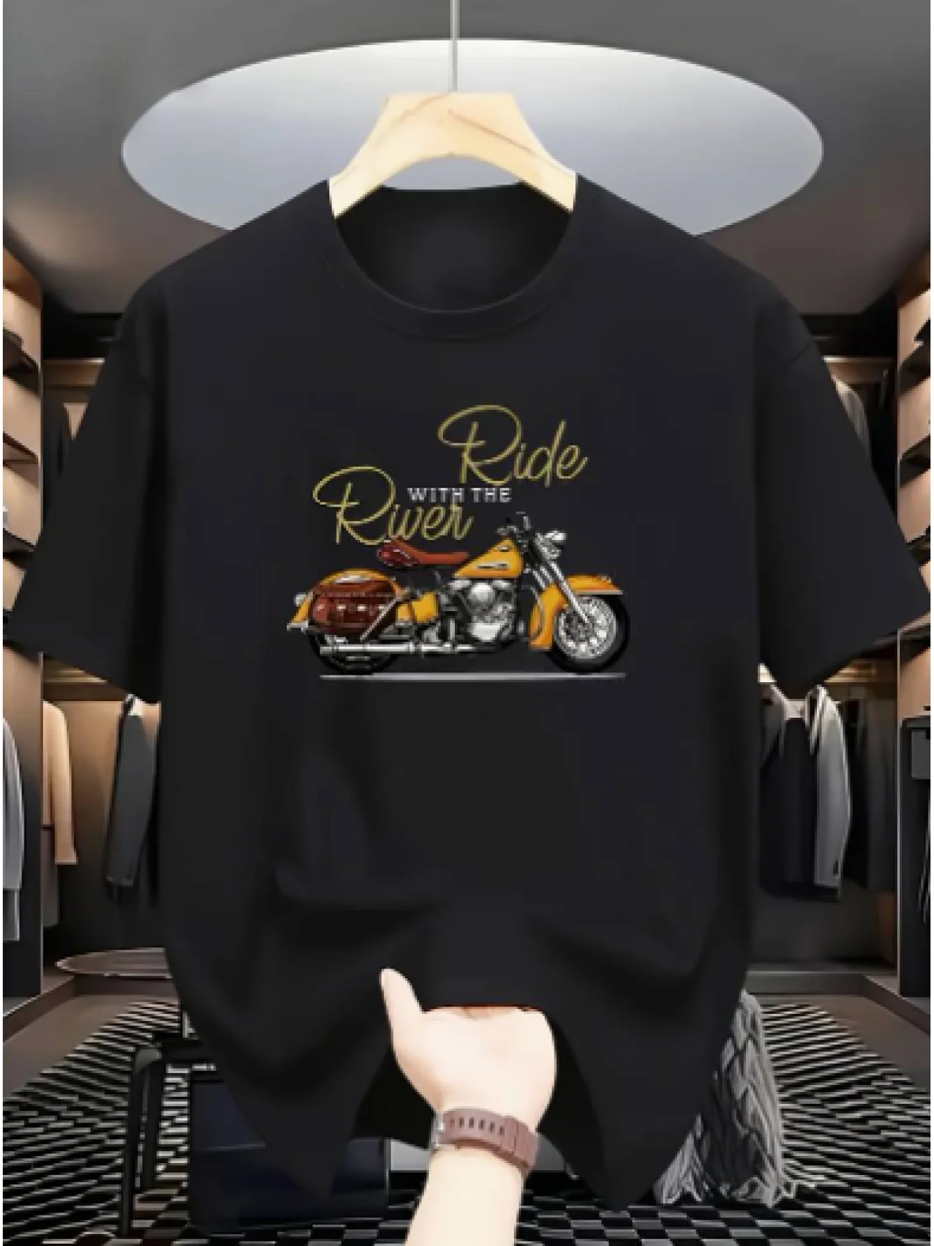 [Retro locomotive model] "Ride with the Rider" locomotive printed T-shirt, loose version is skin-friendly and comfortable, suitable for daily and locomotive theme scenes, retro design shows cultural atmosphere, machine washable and easy to take care of, view 2