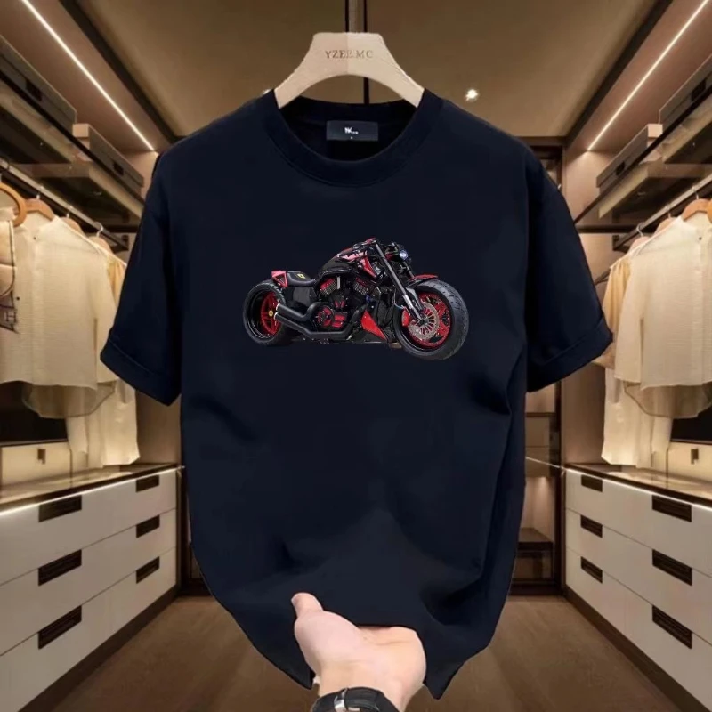 

Cotton Light Luxury Handsome Spring/Summer Motorcycle Printed Short Sleeve T-shirt Trendy Brand Casual Loose Half Sleeve T-shirt