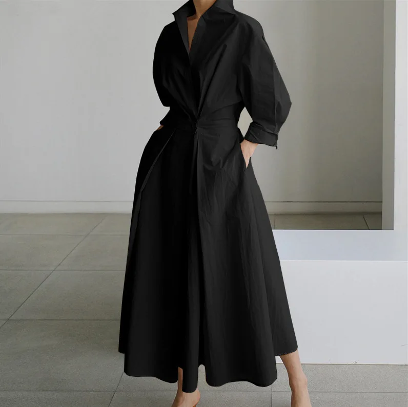 Women Loose Cotton Linen Elastic High Waist Shirt Dress Turndown Neck Ruched Maxi Cardigan Dresses For Women Streetwear