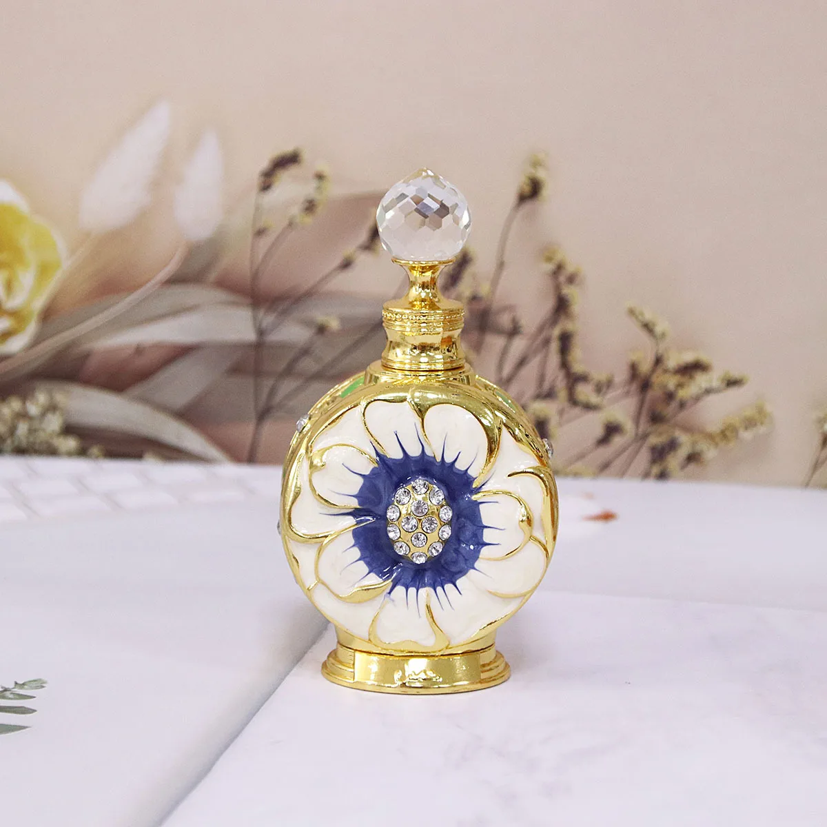 Vintage Floral Rhinestone Inlaid Glass Scent Bottle, Exquisite Painted Empty Perfume Vessel, Refillable Essential Oil Storage Bo