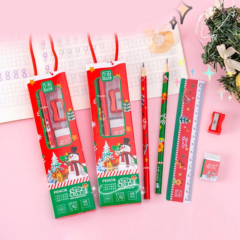 1Set pensil penggaris Natal, Set rautan penghapus pensil, kotak hadiah alat tulis portabel untuk hadiah anak laki-laki dan perempuan