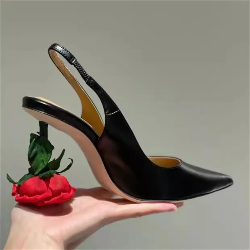 

2024 Red Rose Heels Pointy Sandals Women's Stiletto High Heels Slingback Sandals Fashion Banquet Dress Shoes Big Lady Size 43