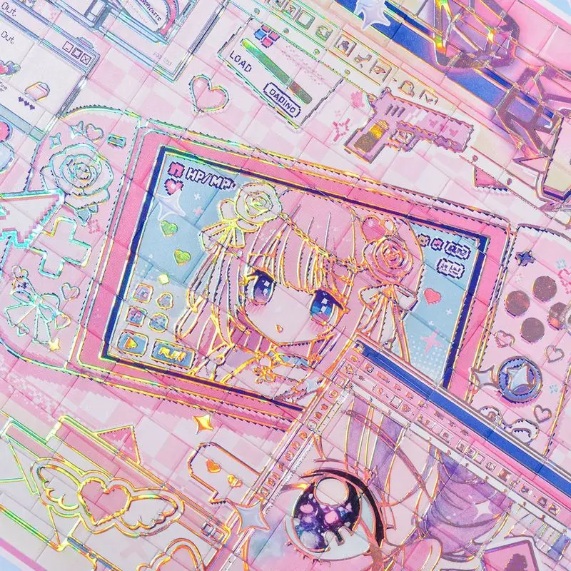 4Pcs Kawaii Laser Manga Girl PET Stickers Transparent Decor Stickers for Card Making Scrapbook
