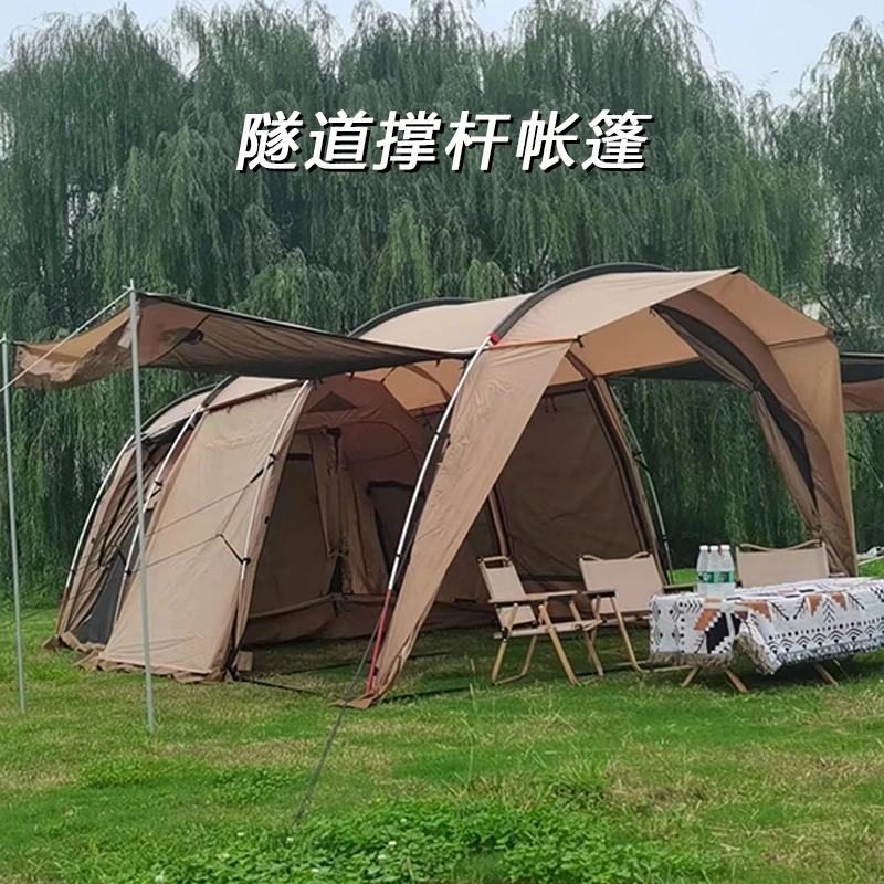Camping Tunnel Tent Outdoor Travel Double Layer Thickened Rainproof Large Camping Family Tent