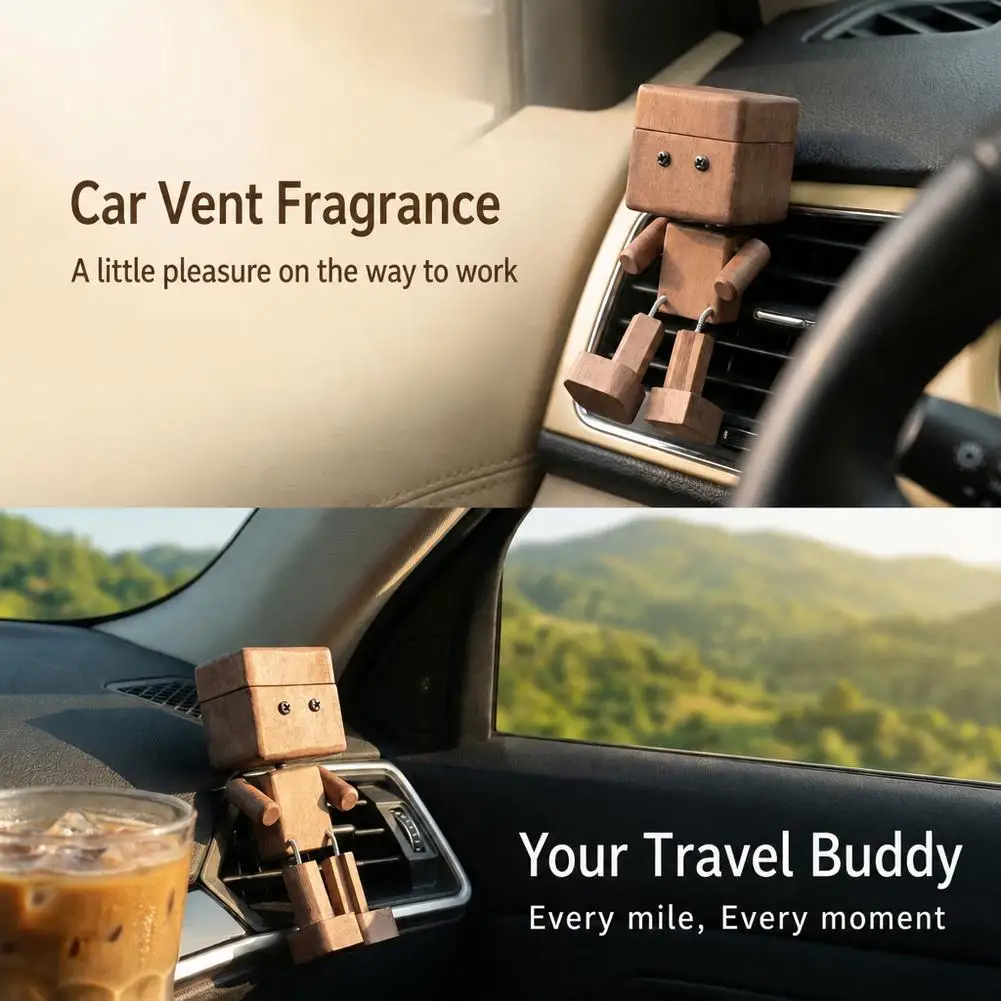 Wooden Car Aromatherapy Cute Mini Wooden Man Car Perfume Air Freshener Car Interior Accessories Natural Aroma Diffuser Ornament