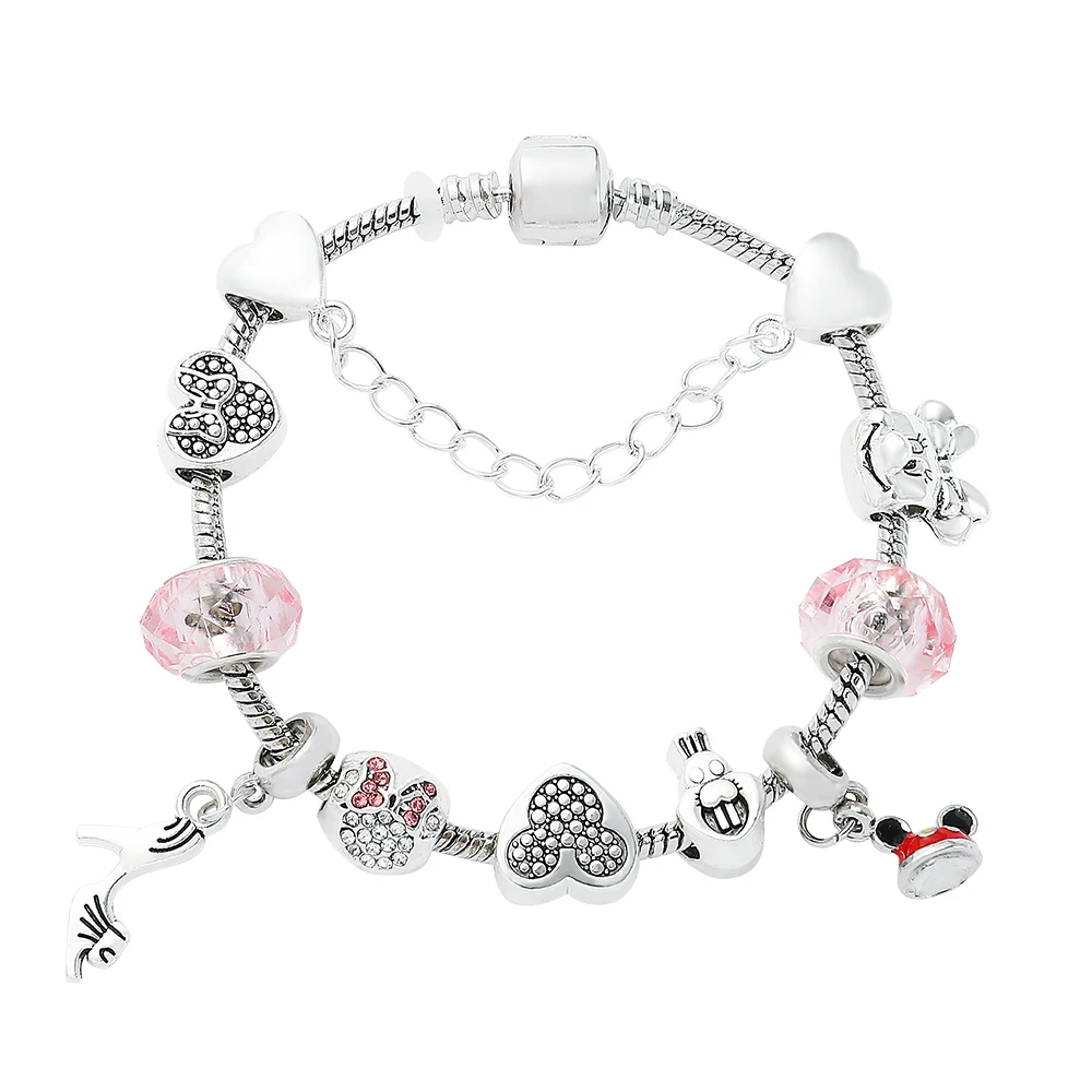 Anime Mickey Mouse Love Beads Bracelet Minnie Pink Crystal Charms Pendant Bracelet for Women Jewelry Toy Party Gift