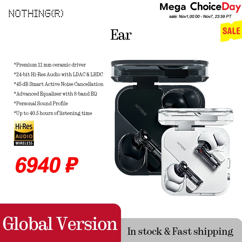 Nothing Ear 45 dB ANC 11mm driver 24-bit Hi-Res Audio with LDAC & LHDC 45 dB ANC  Up to 40.5 hours of listening time