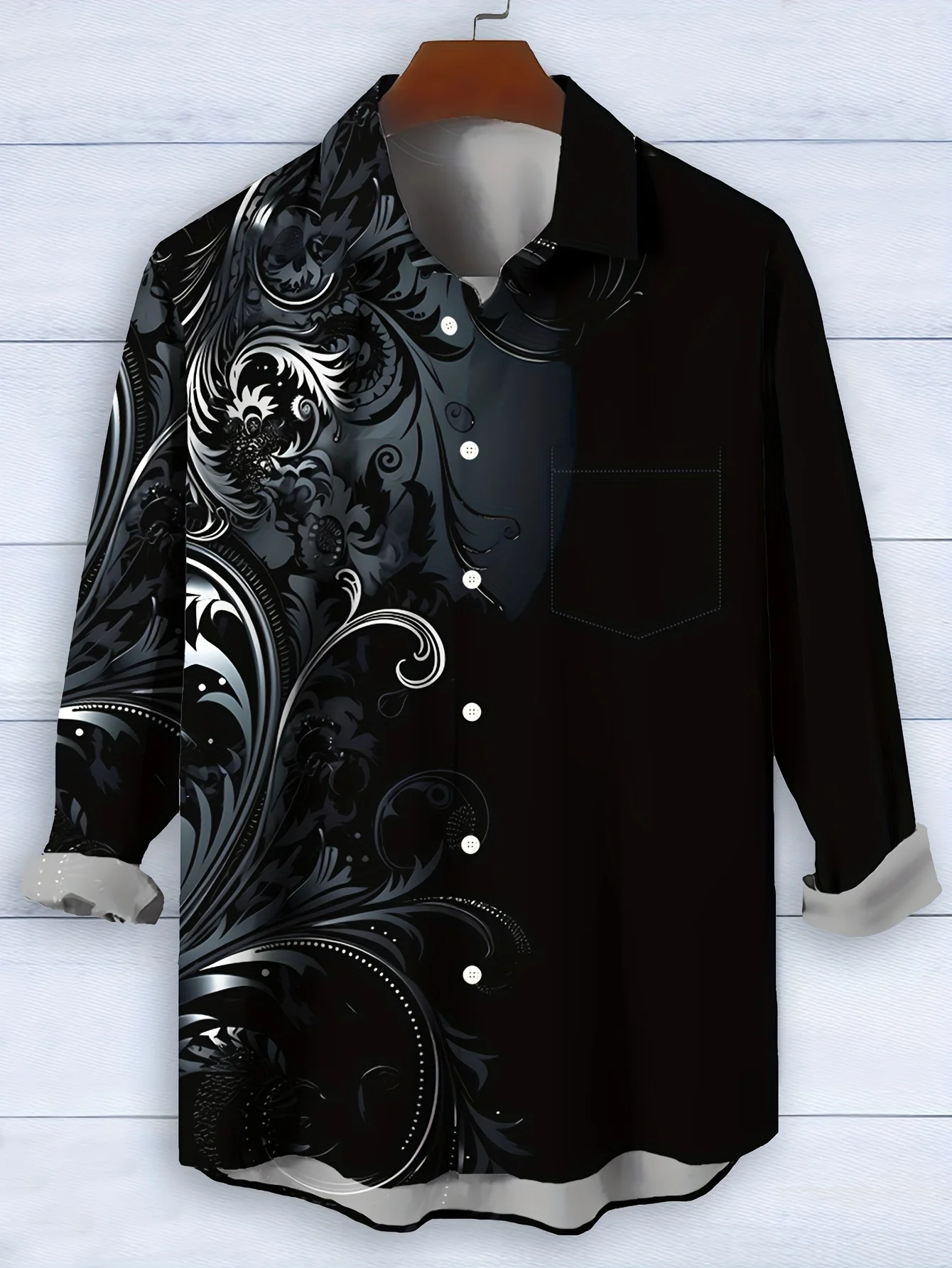 Men Black Silver Baroque Asymmetric Floral Print Long Sleeve Shirt Turn‑Down Collar Button‑Up Polyester Party Blouse