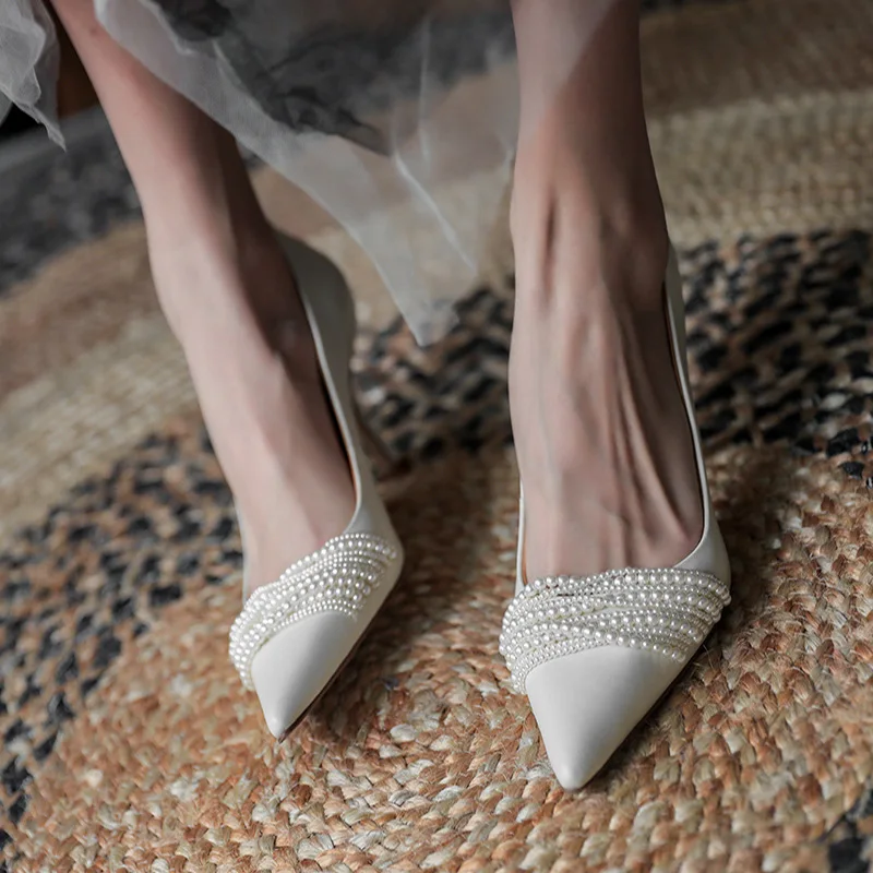 New Beaded Pointed Toe High Heels Women Thin Heel Pumps Low Cut Elegant Wedding Shoes