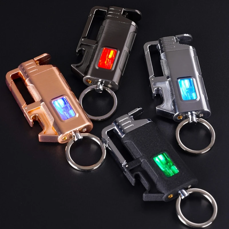 Metal Multi functional Keychain Windproof Jet Blue Flame Gas Lighter Outdoor Bottle Opener LED Transparent Window Cigar Lighters