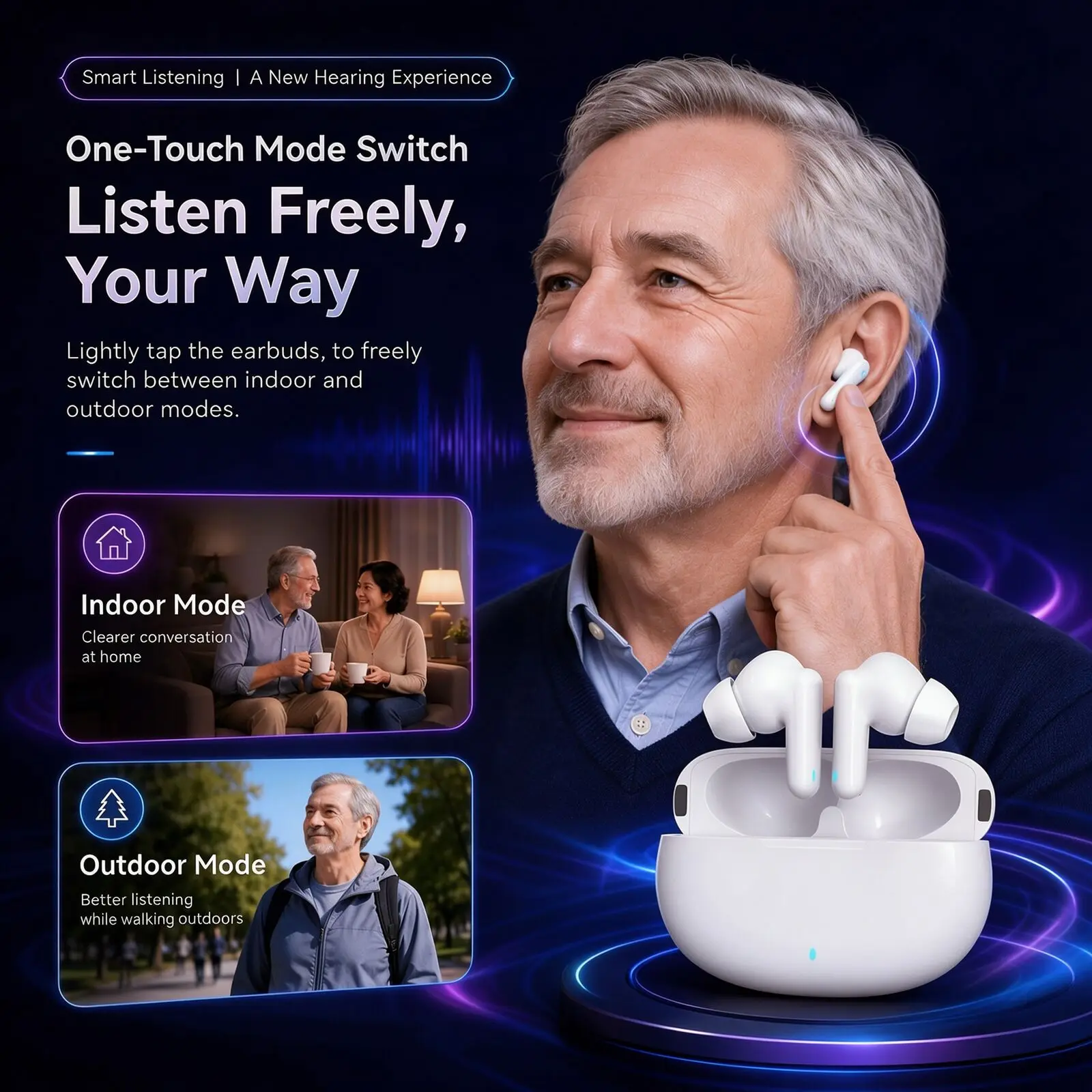 DSP Noise Reduction Earbuds BT5.3 Dual Mode Touch Control 5 Level Volume Adjust  Earphones For Seniors Daily Conversation Use
