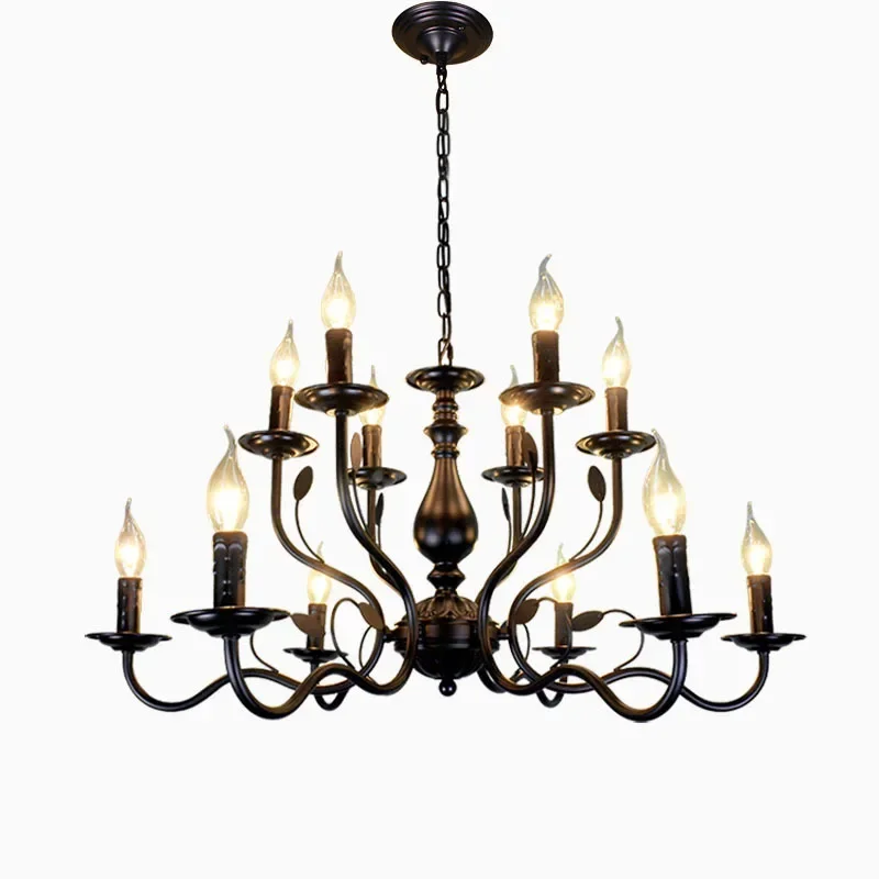 

2025 French Candle Chandelier Black Iron Industrial Lustres Kitchen Island Dining Room Coffee Shop Vintage Farmhouse Lighting