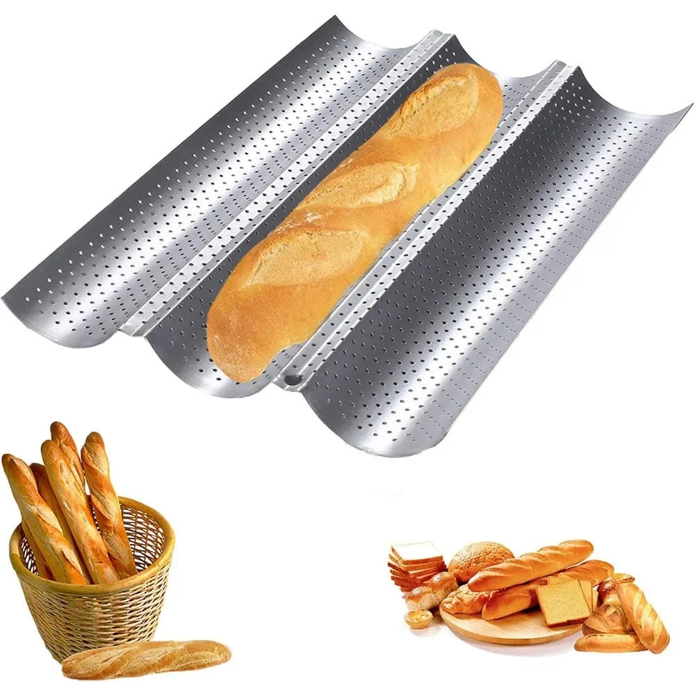 3-slot Bread Wavy Baking Pan Rack Non-stick Coated Baguette Mold Easy To Clean High Temperature Resistant Baguette Baking Pan