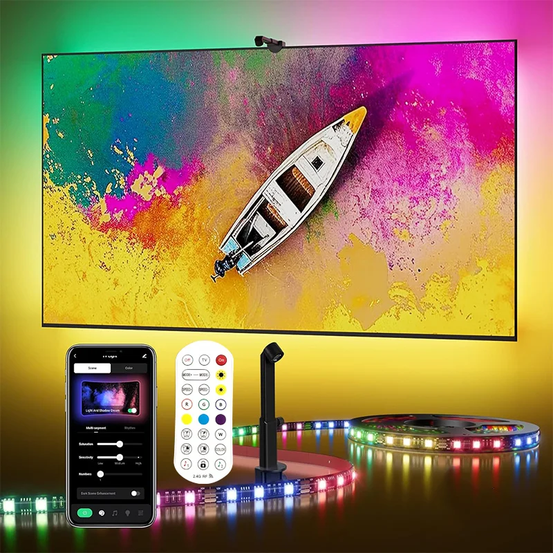 Tira de Retroiluminación LED Inteligente para TV con Sensor de Color AR, Controlador de Aplicación con Sincronización de Música, Luz Ambiental RGB para Pantallas de 55 a 85 Pulgadas