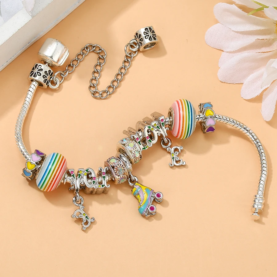 Seialoy Rainbow LOVE Beaded Roller Skates Charm Bracelets For Women Heart Beads Silver Color Bangle Jewelry Gifts