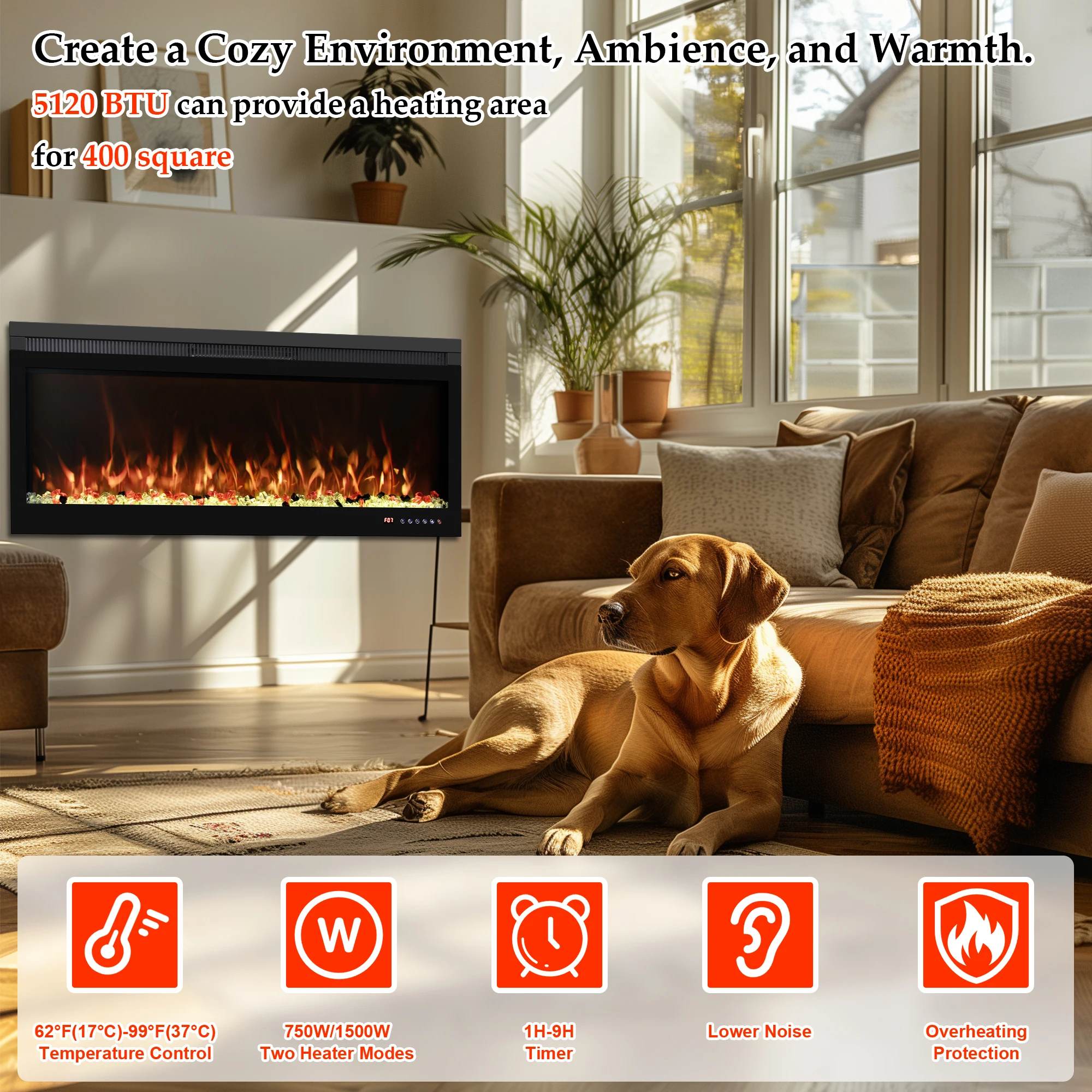 60 Inches Wall Mount Artificial Fireplace Electric  With Realistic Flame Remote Touch Screen APP Control