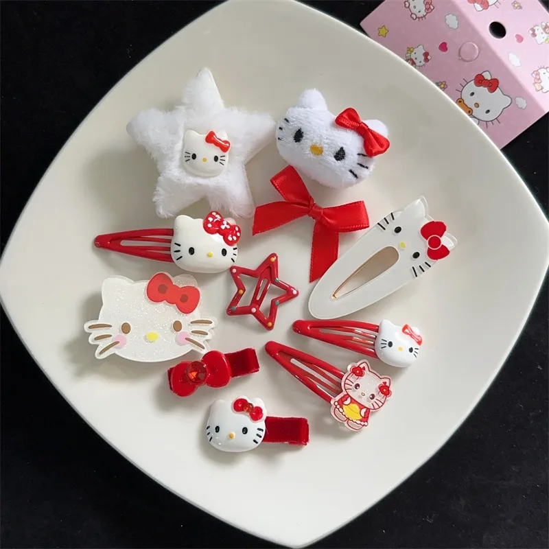 

Kawaii Sanrio Hello Kitty Hair Clip Set Cartoon Cute Girls Ornaments Anime Accessories Hair Circle Headdress Bow Hairclips Gifts