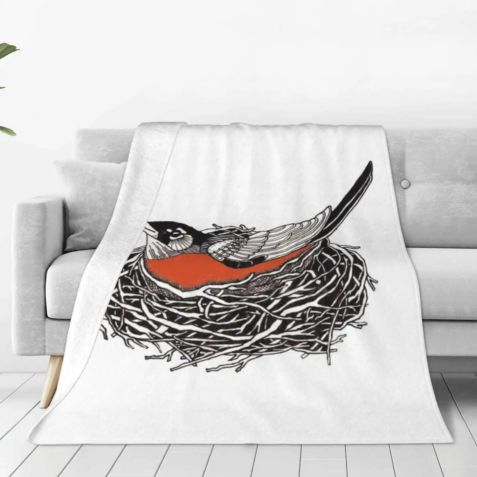 Robin Redbreast In Her Nest Illustration All Sizes Soft Cover Blanket Home Decor Bedding Robin Feather Birds Nest