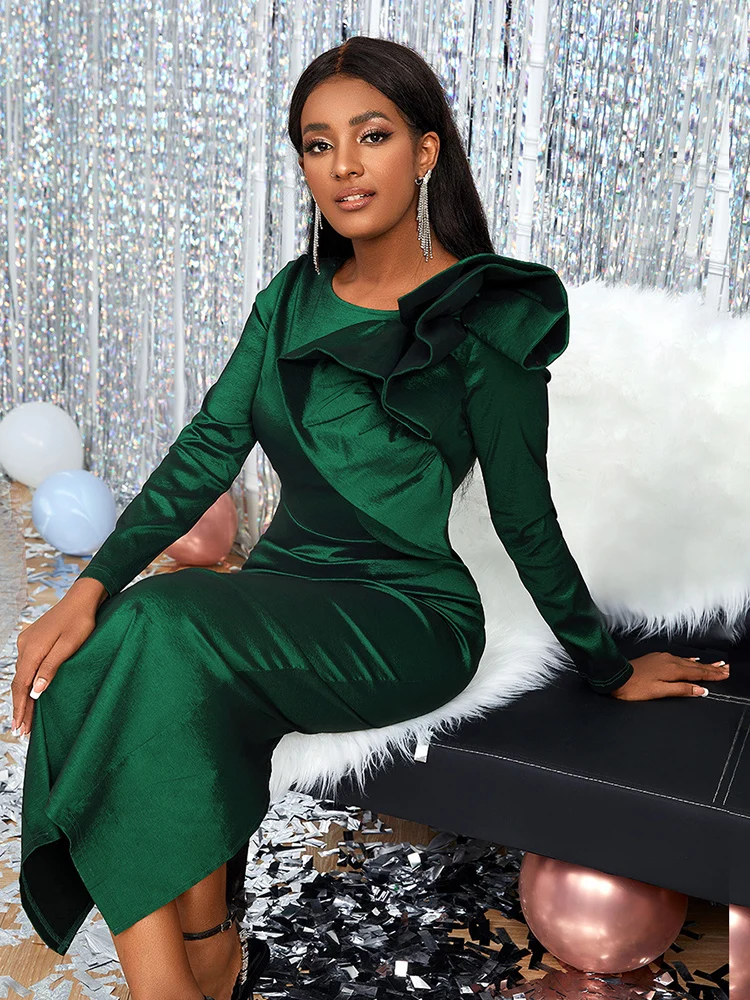 

Women's Elegant Big Bow Fashion Evening Dress Crew Neck Long Sleeve Bodycon Dress Solid Female Party Prom Wedding Guest Dresses