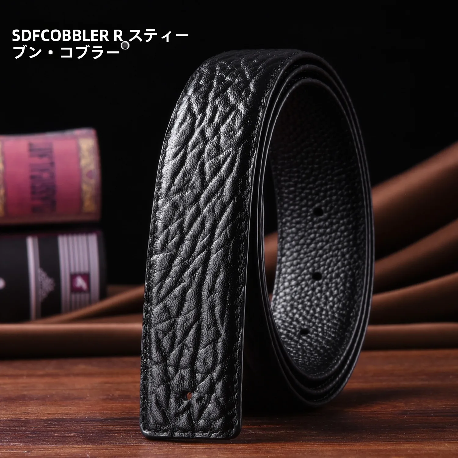 本革ベルト男性用バックルなしパンチングデザインダブルニードルステッチカジュアルフォーマルウェア幅38cm-sdobbler