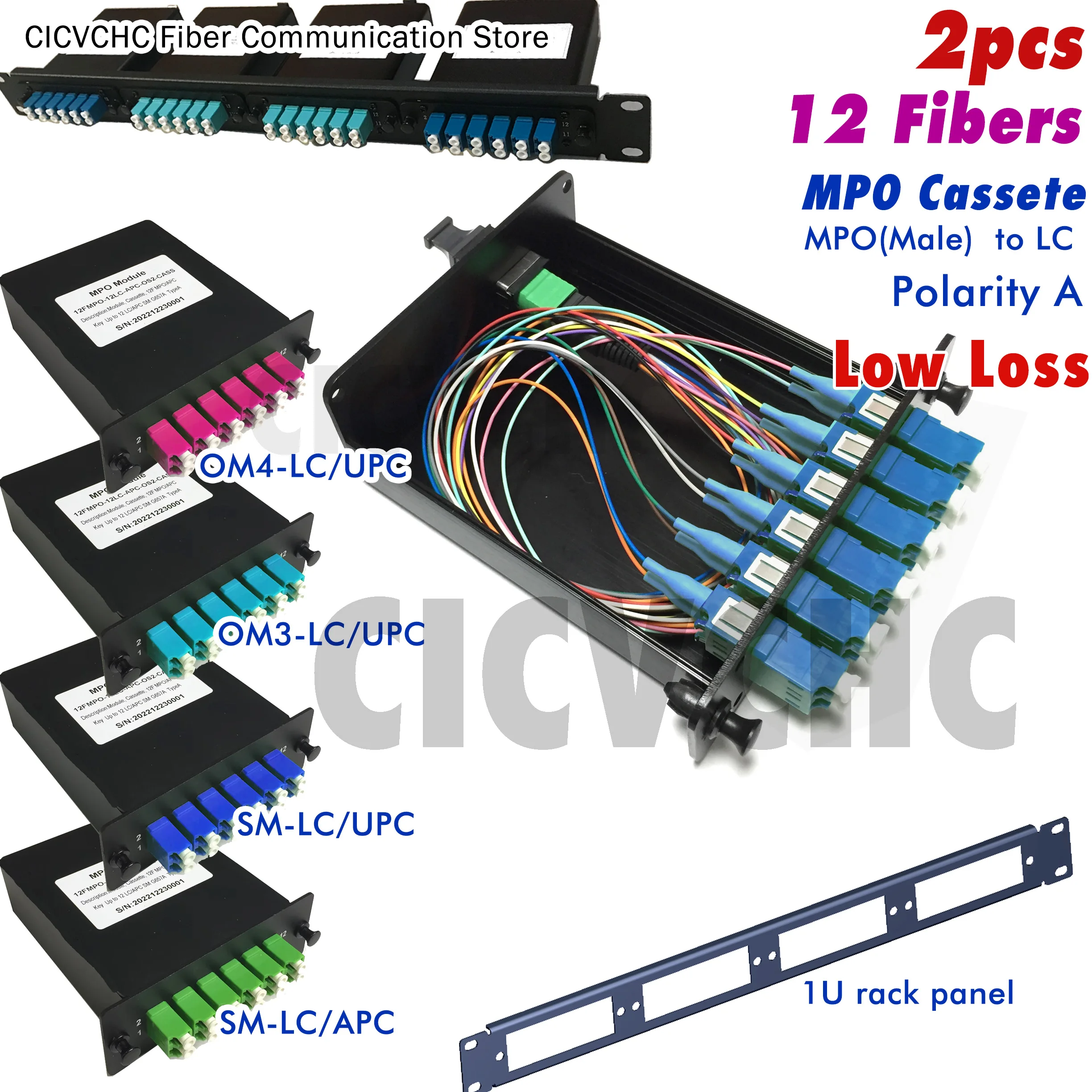 2pcs 12 Fibers MPO-LC Cassettes with SM, OM3, OM4, Aluminum shell, Removable panel