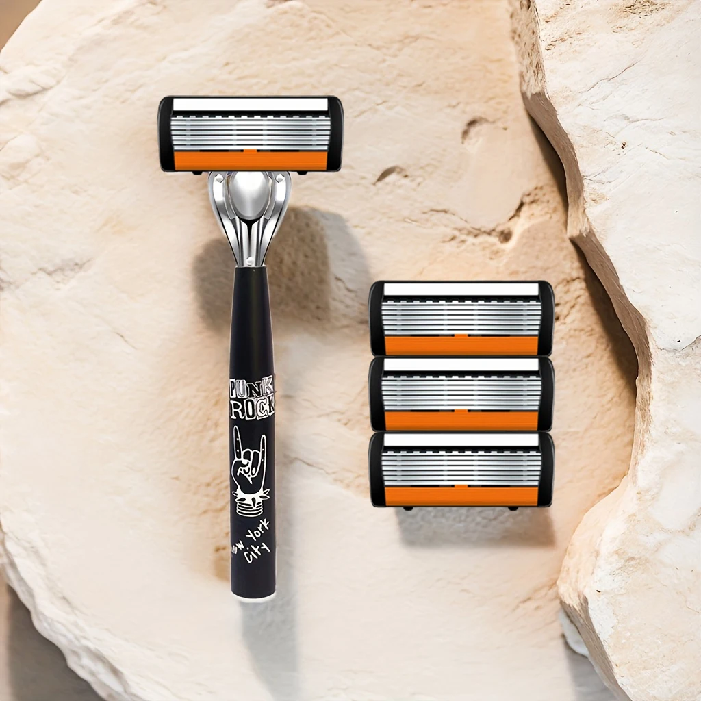 مقبض ماكينة حلاقة من الفولاذ المقاوم للصدأ ماكينة حلاقة قديمة الطراز للرجال ذات ستة طبقات وحامل سكاكين معدني يدوي #1