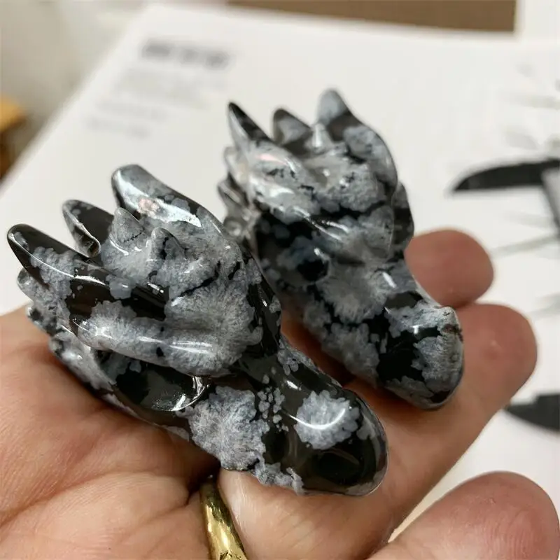 5CM Natural Snow Flake Obsidian Dragon Animal Carved Crystal Figurine Feng Shui Crafts Healing Artware Home Decorate Gift 1PCS