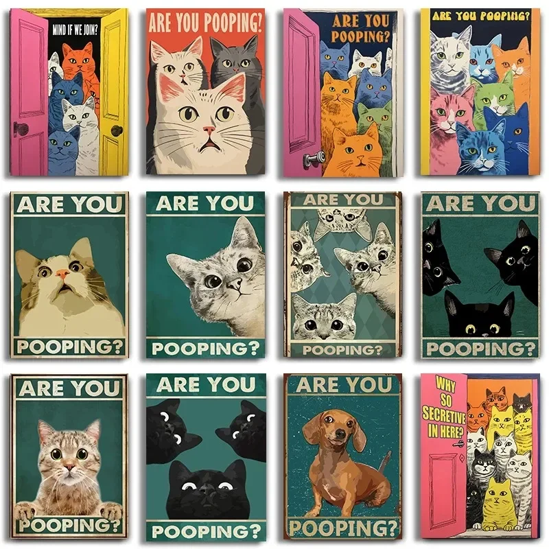 Are You Pooping Posters Bathroom Funny Bathroom Sign Canvas Prints Cute Black Cat Art for Painting Wall Pictures Toilet Decor