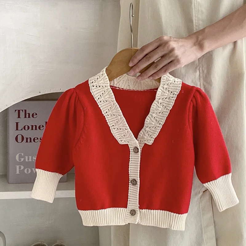 

2024 New Spring Newborn Baby Girls Knitting Cardigan Long Sleeved Splicing V-neck Infant Baby Girl Knitting Cardigan Sweater