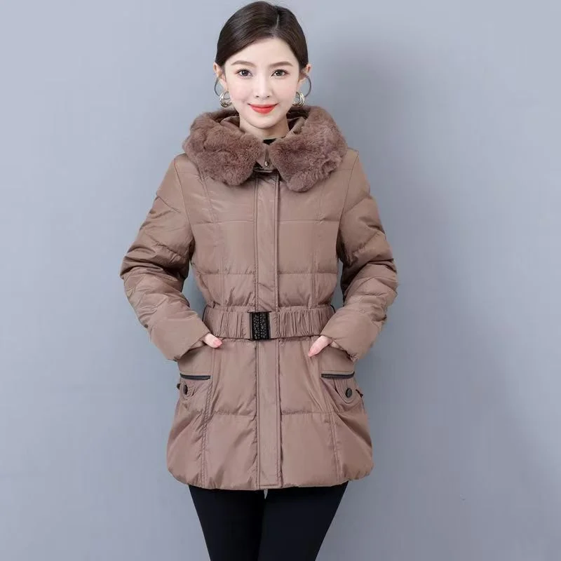 Removable Rex Rabbit Fur Collar 2024 Middle-aged And Elderly Mothers Down Coat Women Western Plus Size Winter Cotton-padded Coat